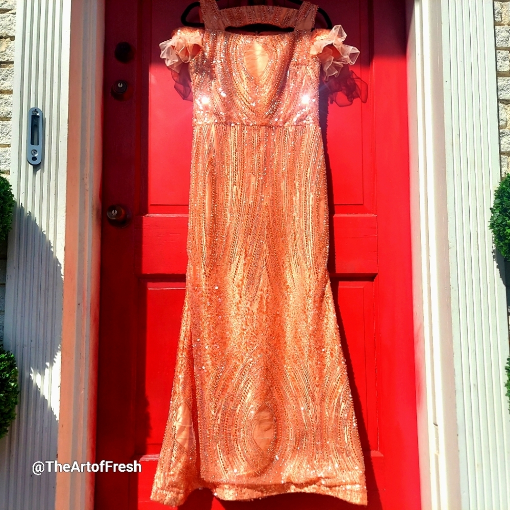 Long Sparkling Luxe cold shoulder tangerine prom party formal dress